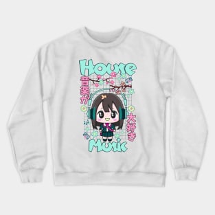 HOUSE MUSIC  - Cute Kawaii Character (teal/pink) Crewneck Sweatshirt